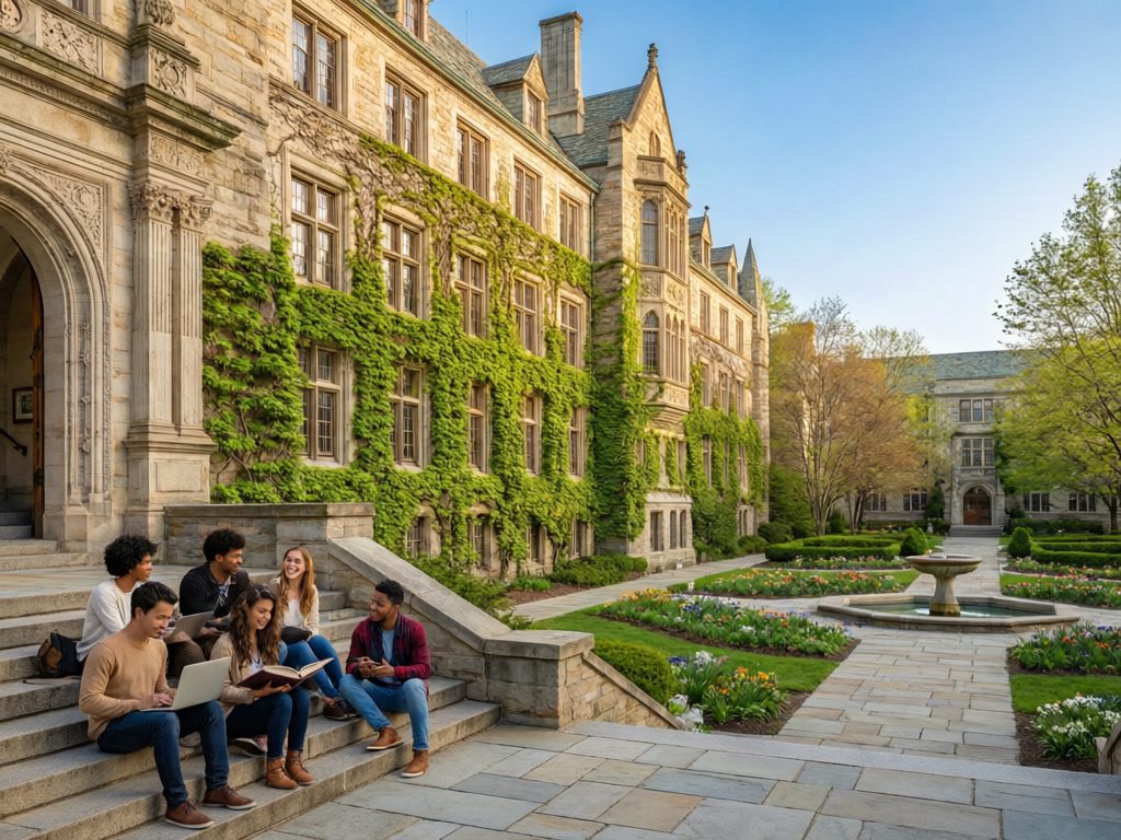 Students studying on the steps of a European university building