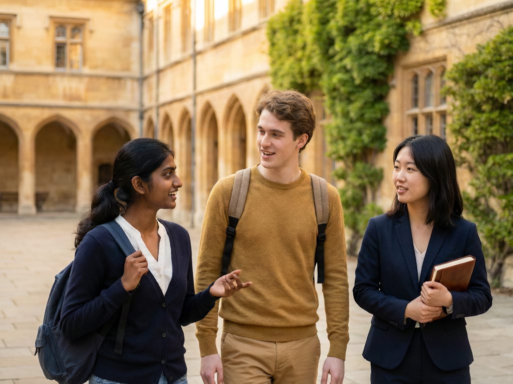 International students walking together on a European university campus